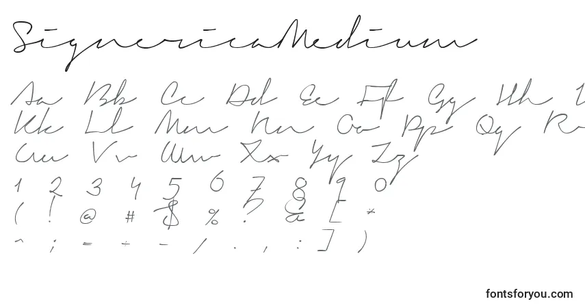 A fonte SignericaMedium – alfabeto, números, caracteres especiais