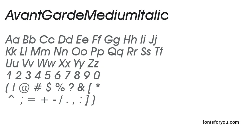 AvantGardeMediumItalic-fontti – aakkoset, numerot, erikoismerkit