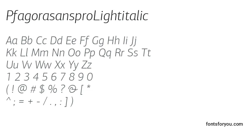 Schriftart PfagorasansproLightitalic – Alphabet, Zahlen, spezielle Symbole