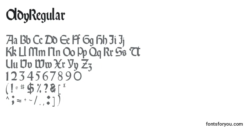 Schriftart OldyRegular – Alphabet, Zahlen, spezielle Symbole