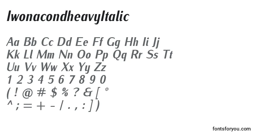 A fonte IwonacondheavyItalic – alfabeto, números, caracteres especiais