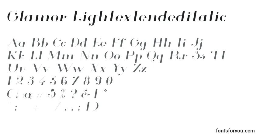 Шрифт Glamor Lightextendeditalic – алфавит, цифры, специальные символы