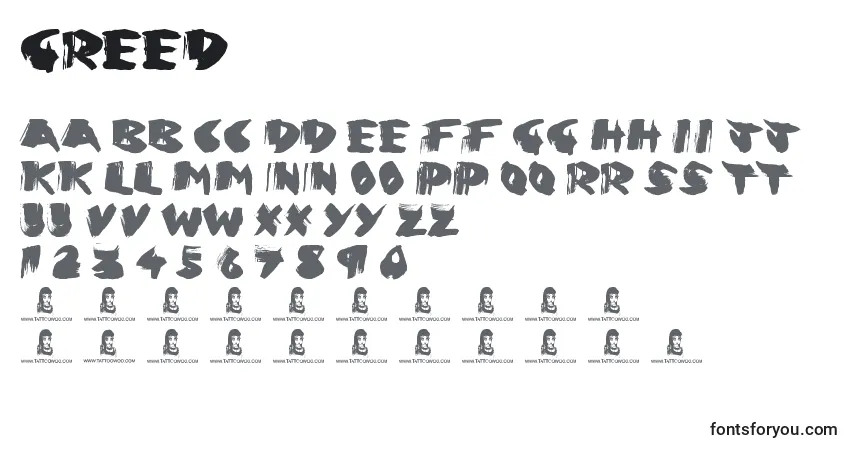 Czcionka Greed – alfabet, cyfry, specjalne znaki