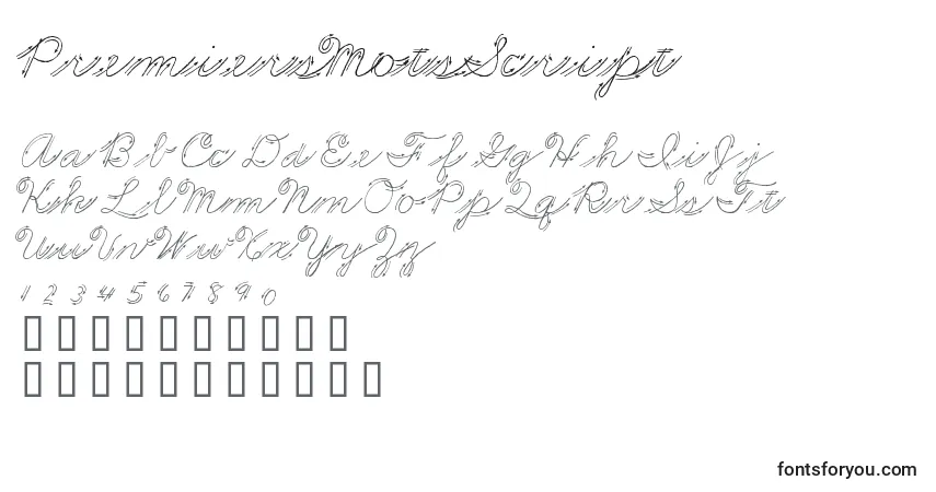 Czcionka PremiersMotsScript – alfabet, cyfry, specjalne znaki
