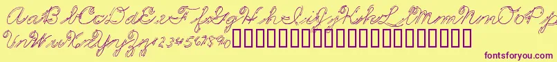 PremiersMotsScript-Schriftart – Violette Schriften auf gelbem Hintergrund