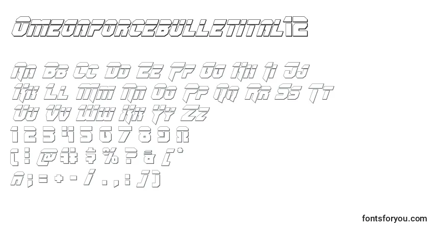 Шрифт Omegaforcebulletital12 – алфавит, цифры, специальные символы