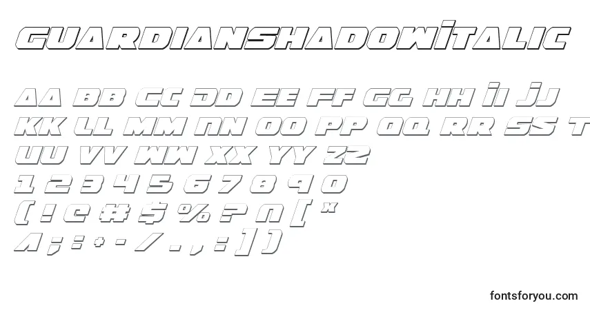 Шрифт GuardianShadowItalic – алфавит, цифры, специальные символы