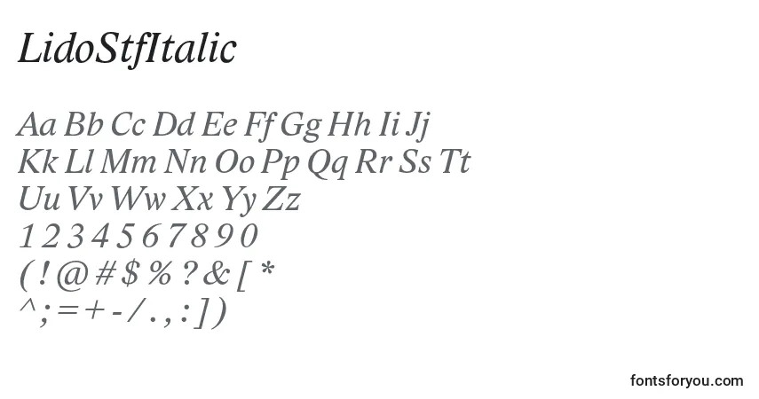 A fonte LidoStfItalic – alfabeto, números, caracteres especiais