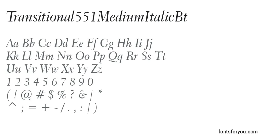 A fonte Transitional551MediumItalicBt – alfabeto, números, caracteres especiais