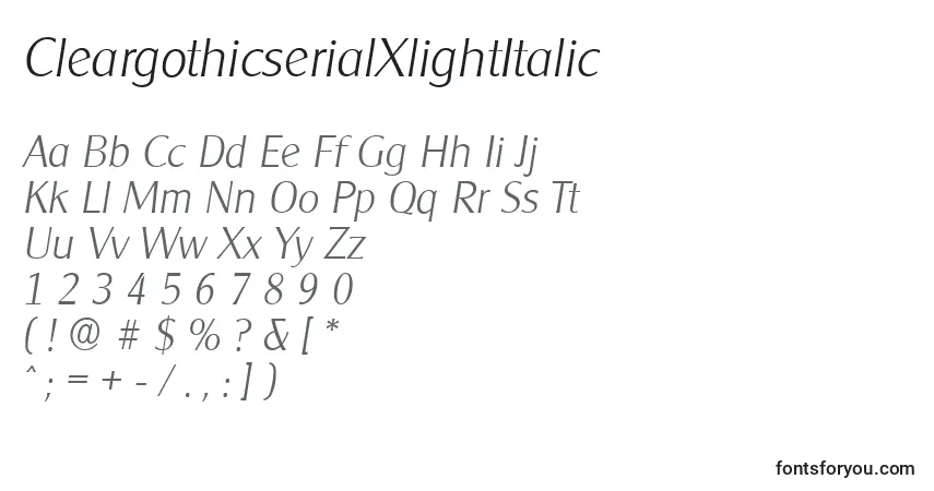 A fonte CleargothicserialXlightItalic – alfabeto, números, caracteres especiais