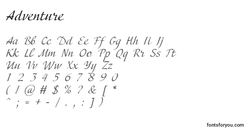 Schriftart Adventure (86572) – Alphabet, Zahlen, spezielle Symbole