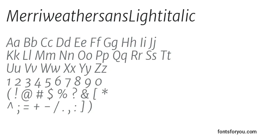 A fonte MerriweathersansLightitalic – alfabeto, números, caracteres especiais