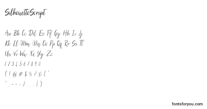 Schriftart SilhouettoScript (86622) – Alphabet, Zahlen, spezielle Symbole