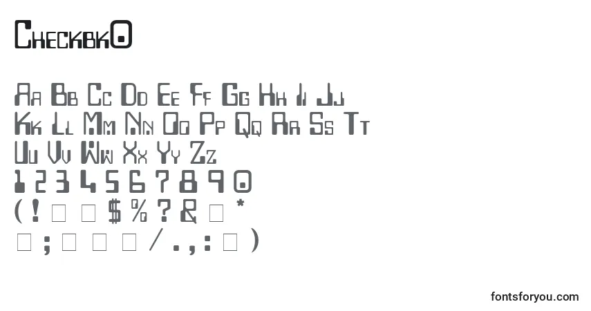 Czcionka Checkbk0 – alfabet, cyfry, specjalne znaki