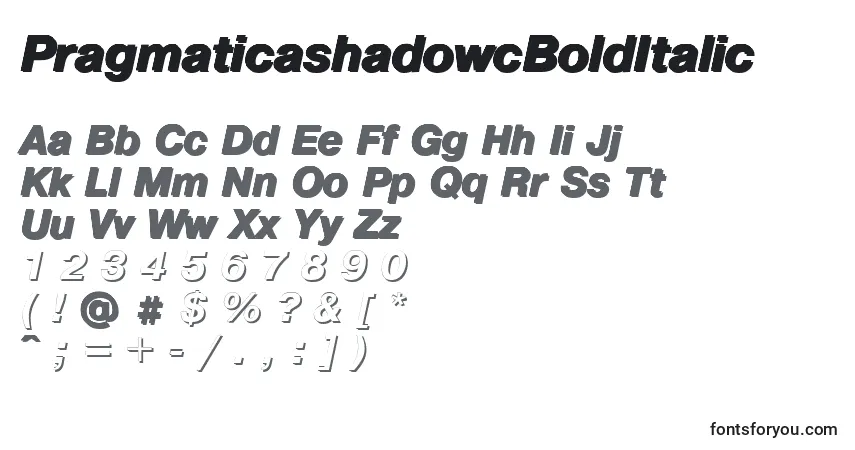 A fonte PragmaticashadowcBoldItalic – alfabeto, números, caracteres especiais