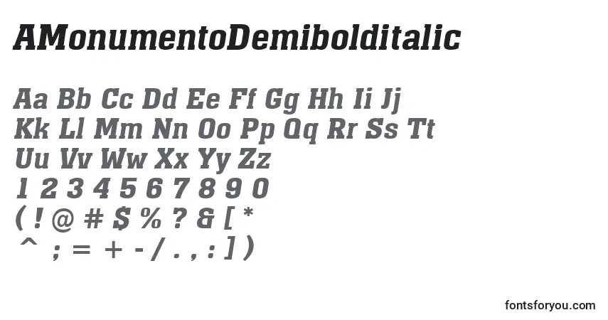 Czcionka AMonumentoDemibolditalic – alfabet, cyfry, specjalne znaki