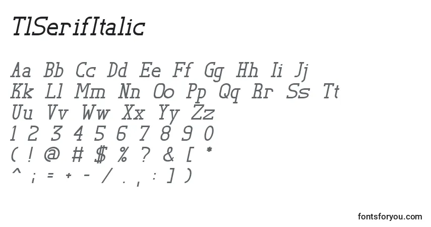 Czcionka TlSerifItalic – alfabet, cyfry, specjalne znaki
