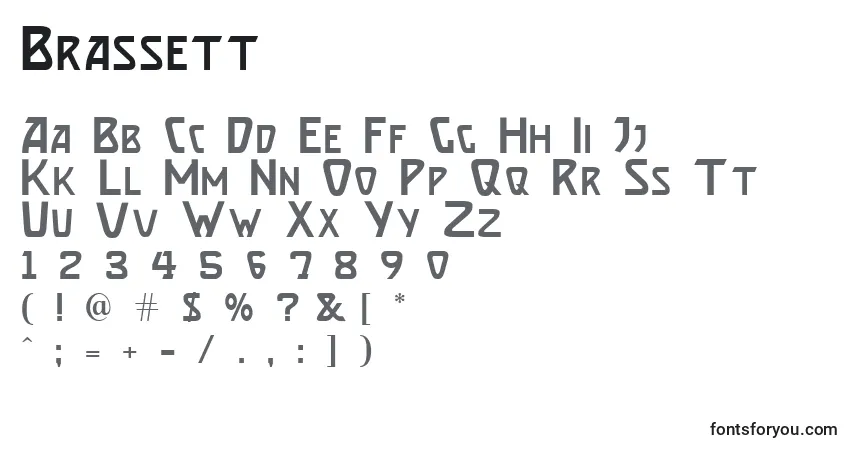 Czcionka Brassett – alfabet, cyfry, specjalne znaki