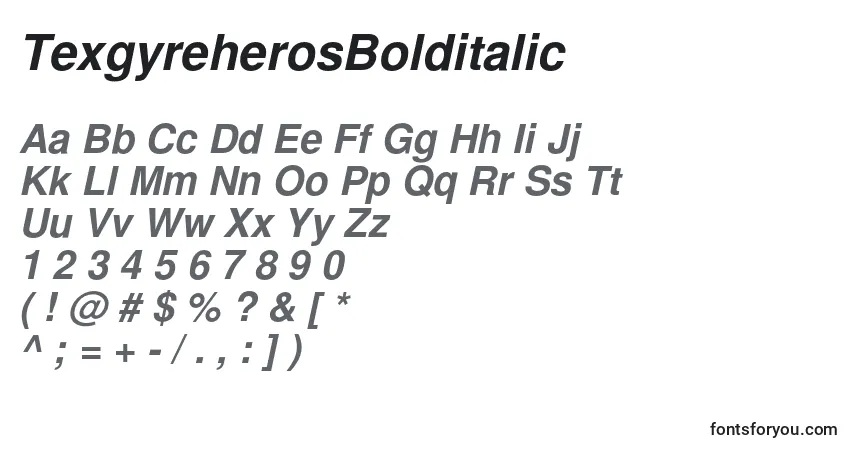 Schriftart TexgyreherosBolditalic – Alphabet, Zahlen, spezielle Symbole