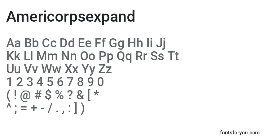 Czcionka Americorpsexpand – alfabet, cyfry, specjalne znaki