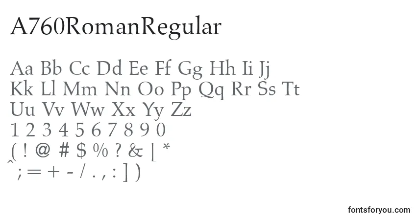 A fonte A760RomanRegular – alfabeto, números, caracteres especiais
