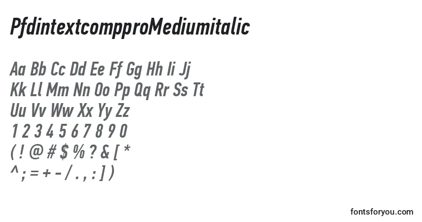 A fonte PfdintextcompproMediumitalic – alfabeto, números, caracteres especiais