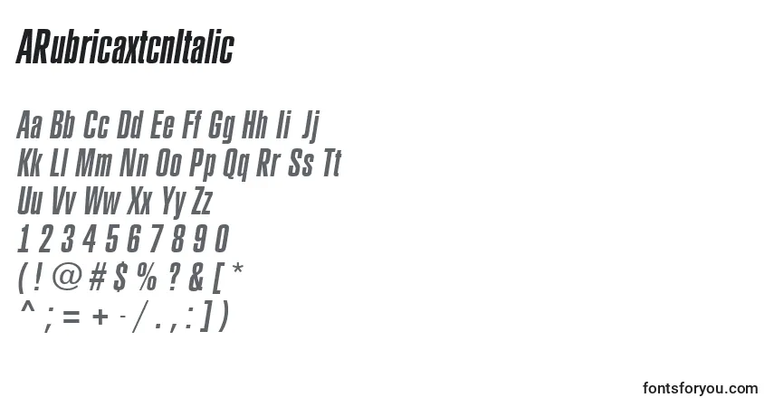 Czcionka ARubricaxtcnItalic – alfabet, cyfry, specjalne znaki