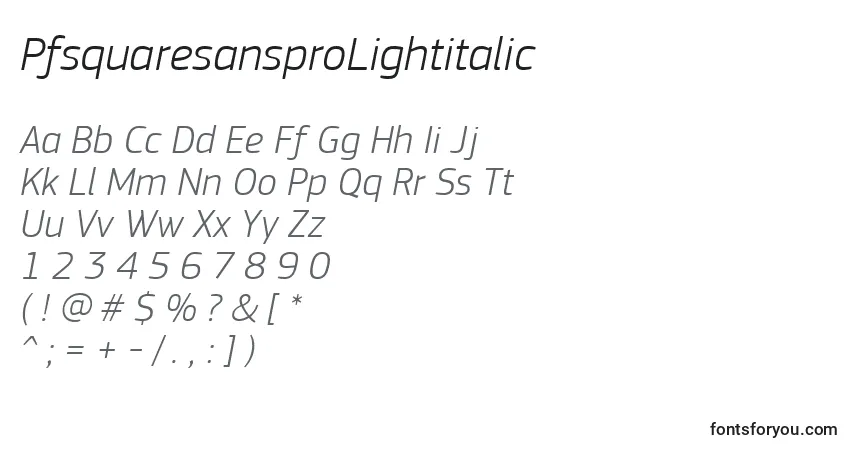Шрифт PfsquaresansproLightitalic – алфавит, цифры, специальные символы