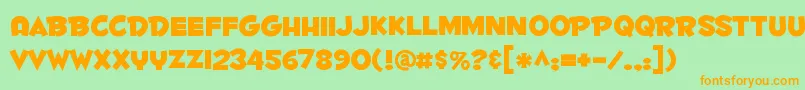 フォントFontdinerdotcom ffy – オレンジの文字が緑の背景にあります。