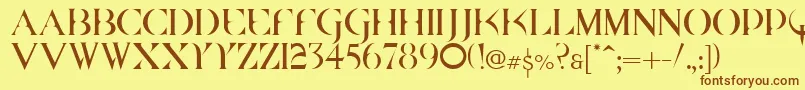 フォントQuakecyr – 茶色の文字が黄色の背景にあります。
