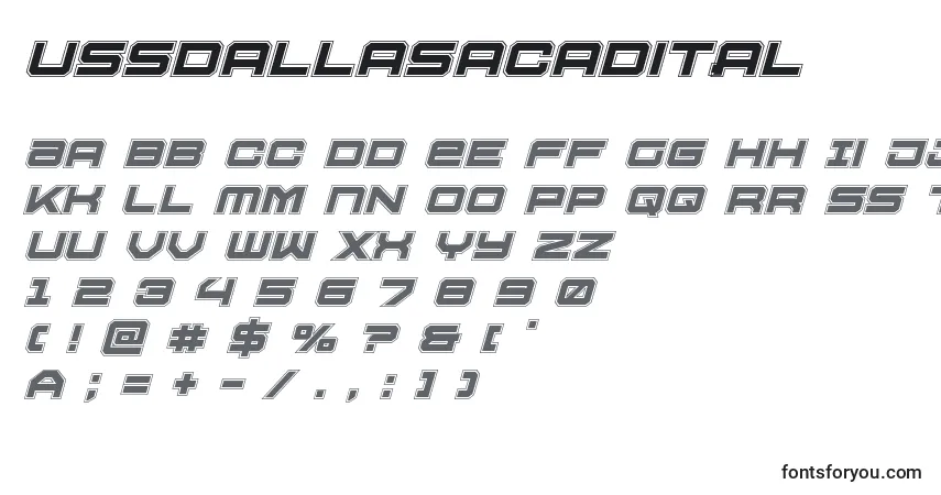 Czcionka Ussdallasacadital – alfabet, cyfry, specjalne znaki