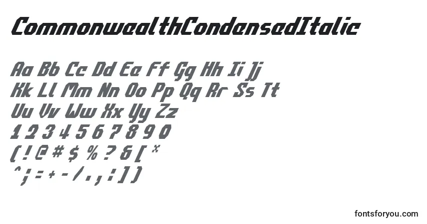 A fonte CommonwealthCondensedItalic – alfabeto, números, caracteres especiais