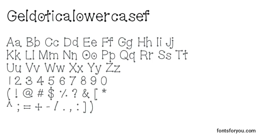 Czcionka Geldoticalowercasef – alfabet, cyfry, specjalne znaki