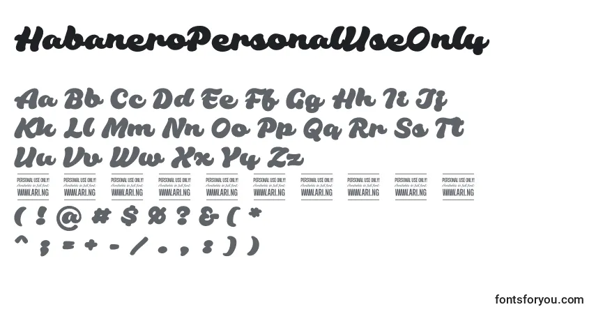 HabaneroPersonalUseOnly-fontti – aakkoset, numerot, erikoismerkit