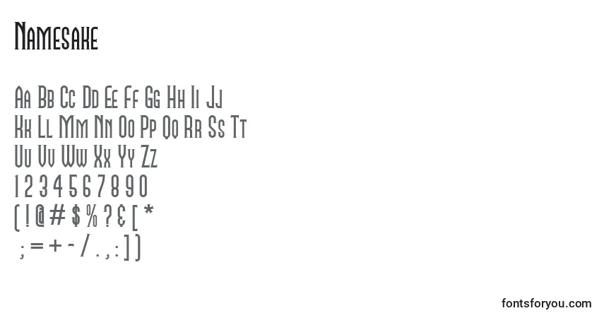 Czcionka Namesake – alfabet, cyfry, specjalne znaki