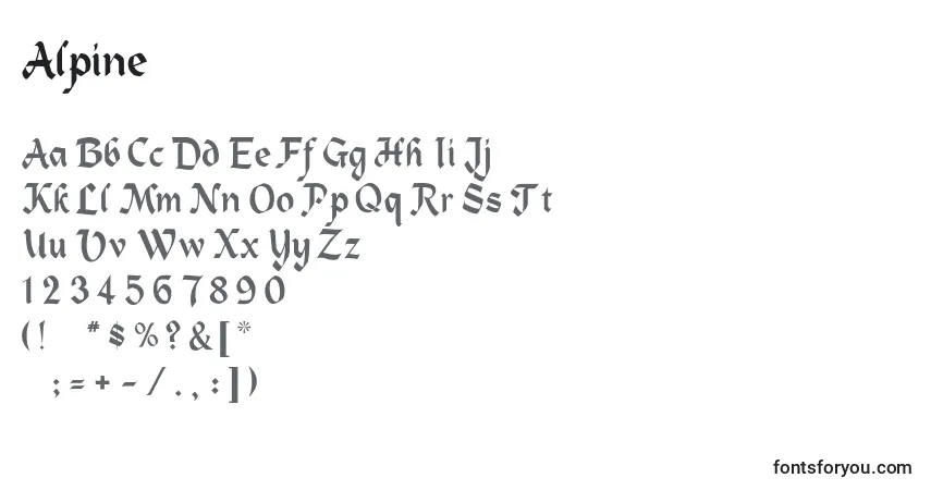 Czcionka Alpine – alfabet, cyfry, specjalne znaki