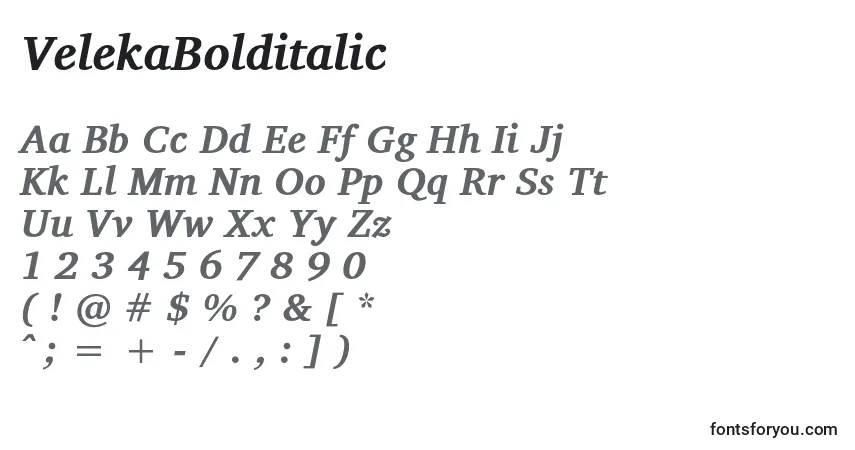 Schriftart VelekaBolditalic – Alphabet, Zahlen, spezielle Symbole