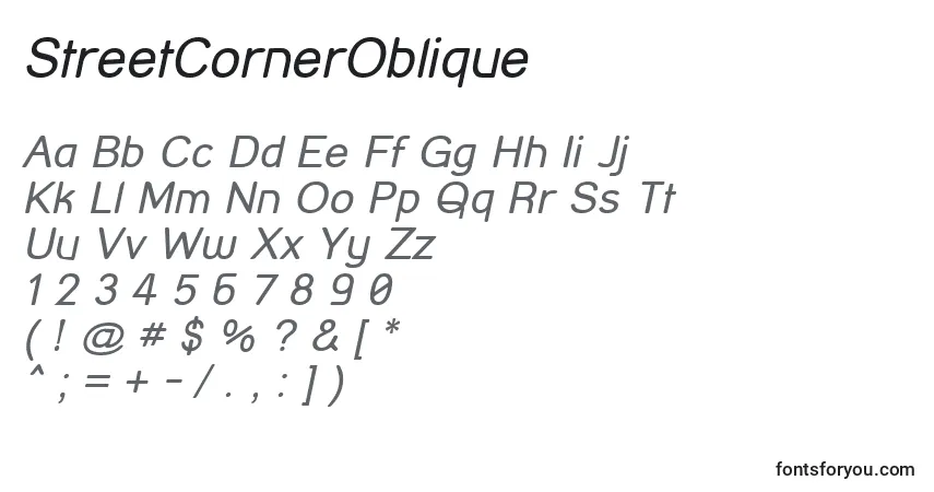 Czcionka StreetCornerOblique – alfabet, cyfry, specjalne znaki