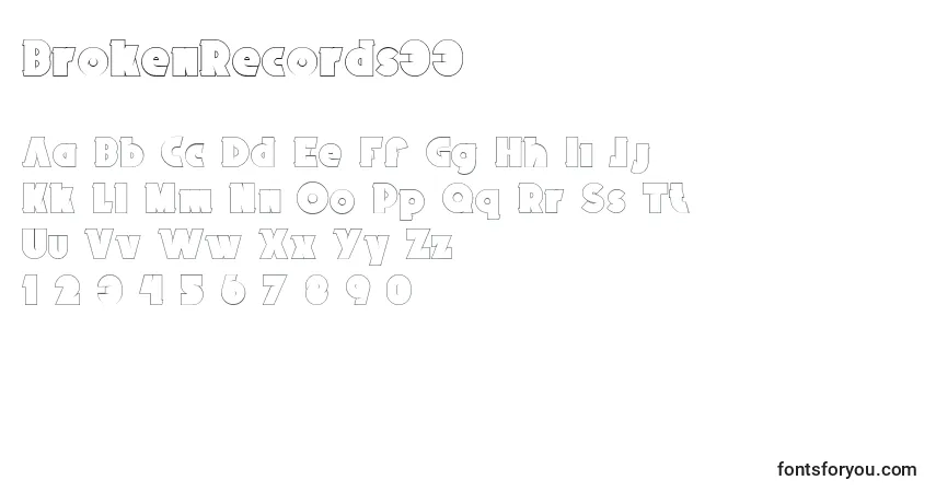 A fonte BrokenRecords33 – alfabeto, números, caracteres especiais