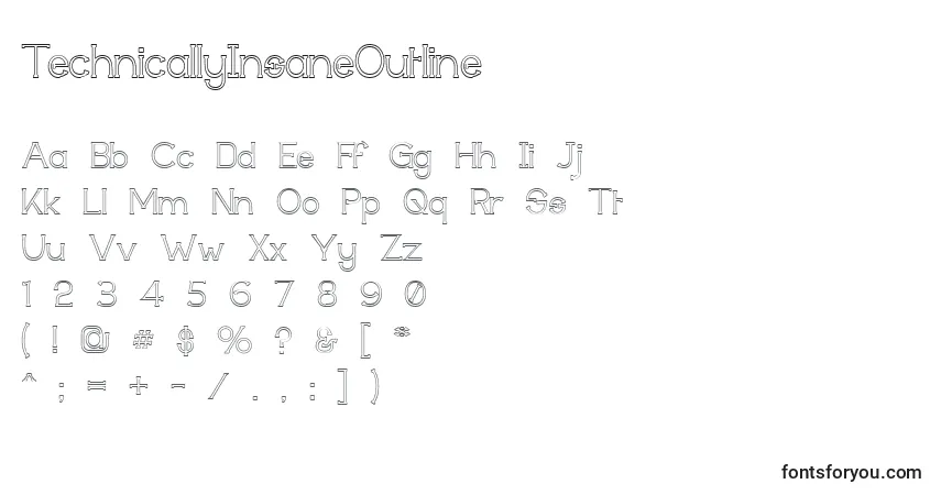 A fonte TechnicallyInsaneOutline – alfabeto, números, caracteres especiais