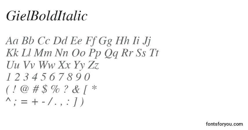Шрифт GielBoldItalic – алфавит, цифры, специальные символы