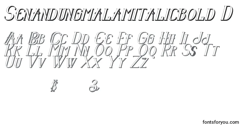 Czcionka Senandungmalamitalicbold3D – alfabet, cyfry, specjalne znaki