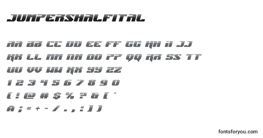 Czcionka Jumpershalfital – alfabet, cyfry, specjalne znaki