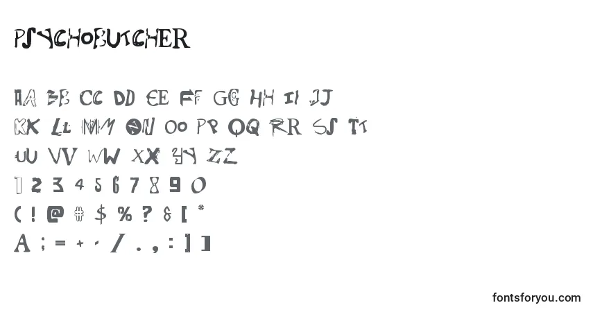 Czcionka Psychobutcher – alfabet, cyfry, specjalne znaki