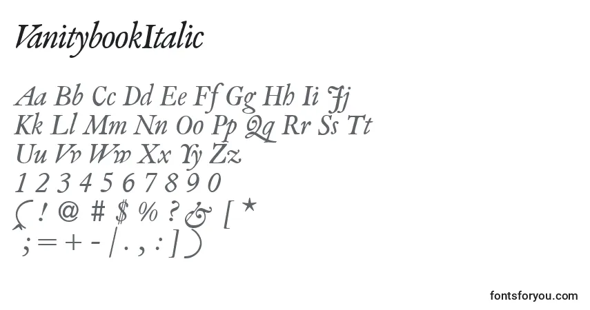 Шрифт VanitybookItalic – алфавит, цифры, специальные символы