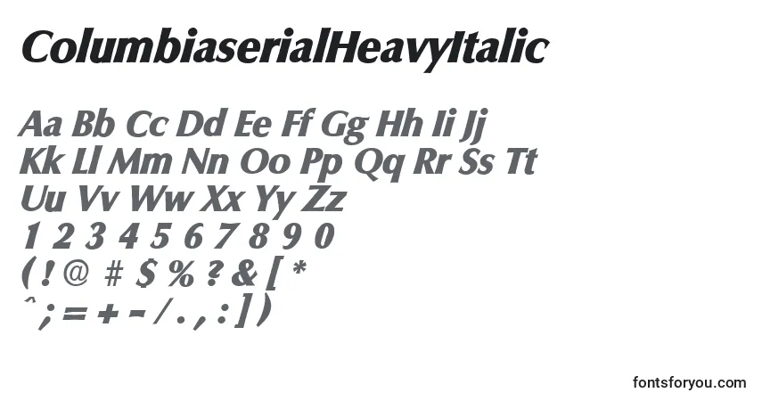 Czcionka ColumbiaserialHeavyItalic – alfabet, cyfry, specjalne znaki