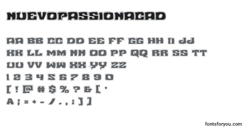 Czcionka Nuevopassionacad – alfabet, cyfry, specjalne znaki