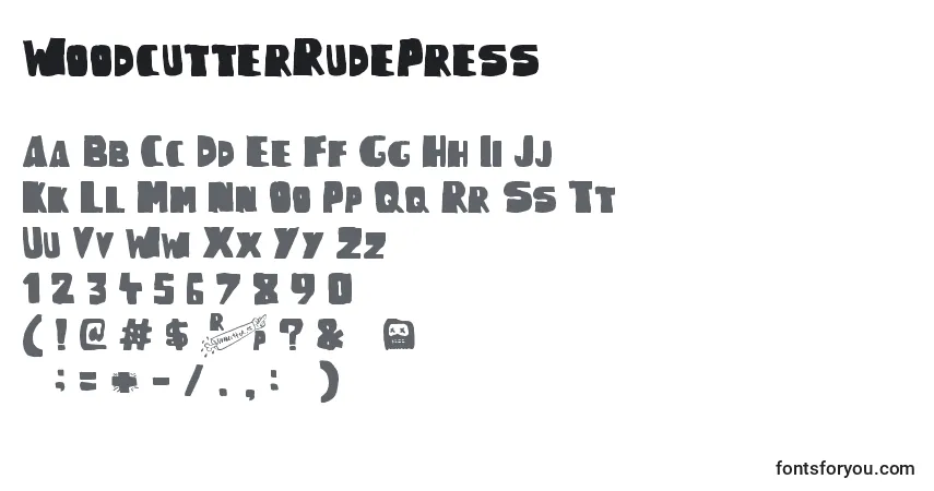 Schriftart WoodcutterRudePress – Alphabet, Zahlen, spezielle Symbole