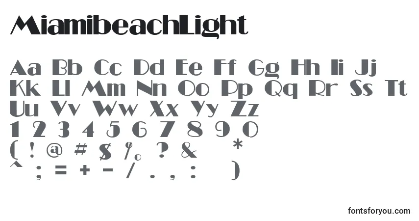 A fonte MiamibeachLight – alfabeto, números, caracteres especiais