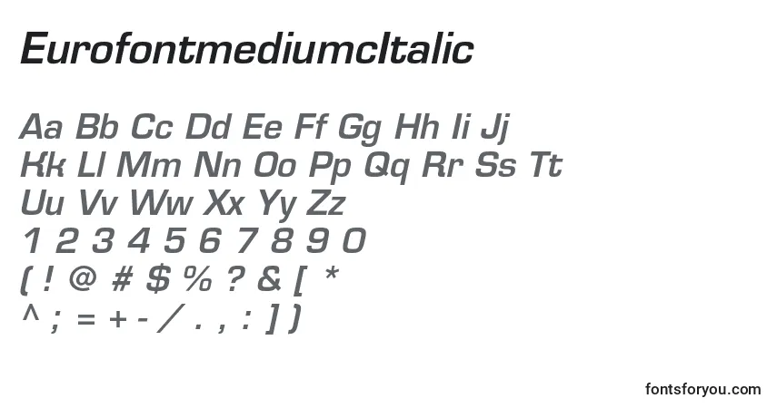 EurofontmediumcItalic-fontti – aakkoset, numerot, erikoismerkit